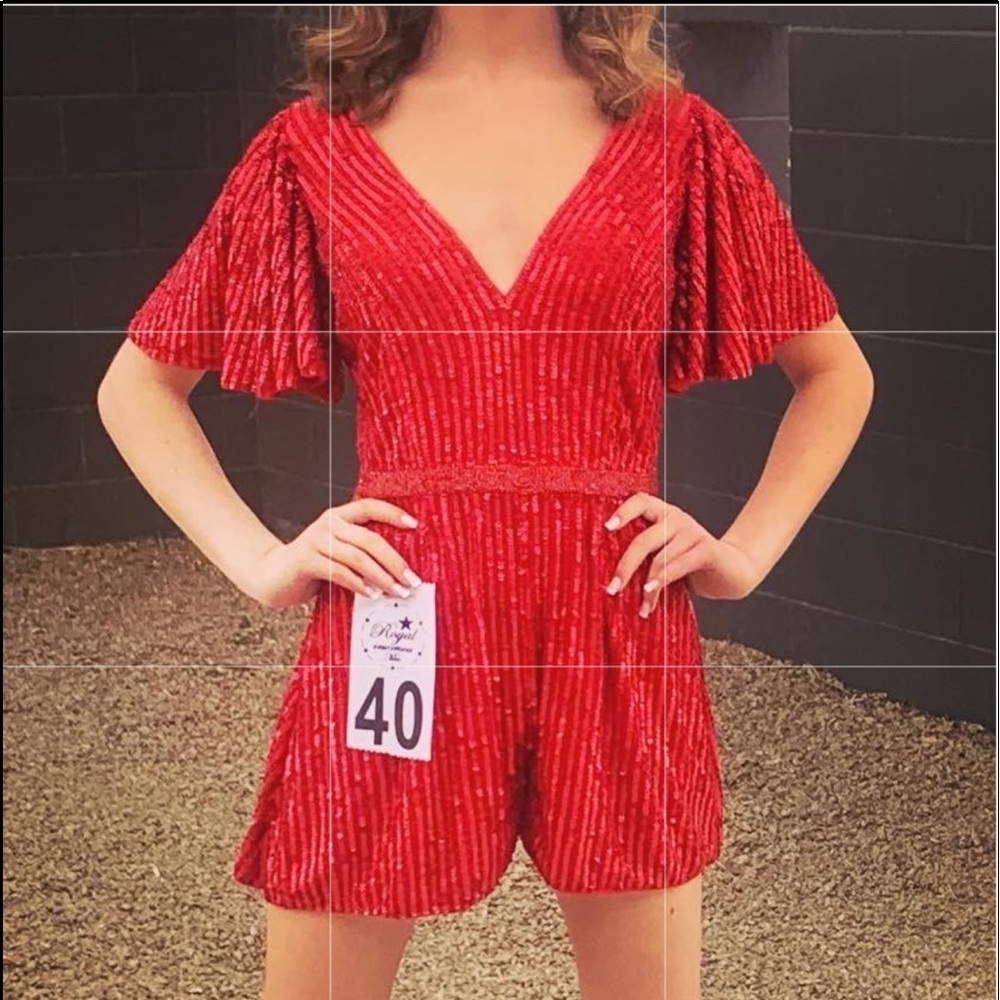 Red Sequenced Romper - Flutter Sleeves - image 2